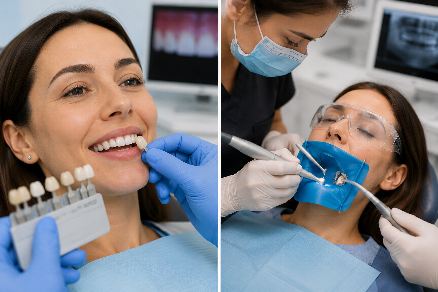 Dentist fitting a restorative dental crown
